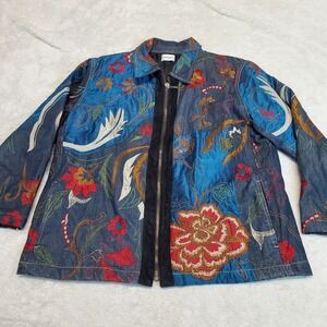 Chicos Denim Embroidery Art to Wear Jacket Women Large Statement Artsy Grandma